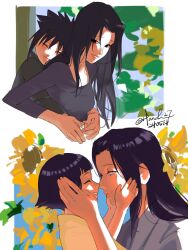  1boy 3girls black_hair black_shirt blue_eyes blunt_bangs breasts closed_eyes closed_mouth flower grey_shirt hair_between_eyes hanchu27 hand_on_another&#039;s_cheek hand_on_another&#039;s_face hands_on_another&#039;s_cheeks hands_on_another&#039;s_face highres hug hug_from_behind hyuuga_hinata long_hair long_sleeves looking_at_another medium_breasts mother&#039;s_day mother_and_daughter mother_and_son multiple_girls naruto_(series) open_mouth parted_bangs shirt short_hair smile spiked_hair twitter_username uchiha_mikoto uchiha_sasuke upper_body yellow_flower 