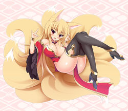  1girl animal_ears black_thighhighs blonde_hair blush breasts cleavage double_fox_shadow_puppet fang fox_ears fox_girl fox_shadow_puppet fox_tail full_body kitsune kon&#039;iro_(chilno-loto) kyuubi large_breasts long_hair multiple_tails original red_eyes solo tail thighhighs 