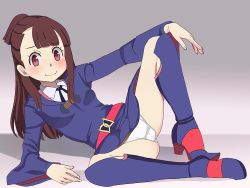 1girl arm_support aruman bad_id bad_pixiv_id black_socks blue_dress blush boots breasts brown_hair cameltoe closed_mouth crotch_seam dress grey_background kagari_atsuko knee_boots kneehighs little_witch_academia long_hair looking_at_viewer luna_nova_school_uniform lying on_side panties red_eyes school_uniform simple_background small_breasts smile socks solo spread_legs underwear upskirt white_panties witch rating:Questionable score:80 user:danbooru