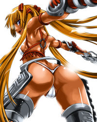  1girl ass ayumi_(x-blades) back blonde_hair butt_crack cameltoe cleft_of_venus fat_mons long_hair looking_back panties shinama simple_background solo tan thong tri_tails underwear very_long_hair white_background x-blades  rating:Questionable score:50 user:danbooru