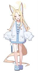  1girl absurdly_long_hair alternate_costume animal animal_ear_fluff animal_ears animal_on_shoulder bare_legs bird bird_on_shoulder blonde_hair blue_archive bow bright_pupils collarbone diamond-shaped_pupils diamond_(shape) extra_ears flower forehead fox_ears full_body gradient_eyes hair_bow hair_flower hair_ornament halo hashtag-only_commentary head_tilt highres legs long-tailed_tit long_hair long_sleeves multicolored_eyes open_mouth orange_eyes pajamas parted_bangs seia_(blue_archive) sleeves_past_fingers sleeves_past_wrists slippers smile solo standing straight-on suimz symbol-shaped_pupils teeth tit_(bird) upper_teeth_only very_long_hair white_bow white_flower white_pupils yellow_eyes 