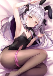 1girl :q animal_ears arm_up armpits bed_sheet belt black_capelet black_leotard black_ribbon blunt_bangs blush brown_pantyhose capelet closed_mouth extra_ears fake_animal_ears fur-trimmed_capelet fur_trim grey_hair hair_ribbon highres hololive leotard long_hair looking_at_viewer lying maid_headdress murasaki_shion on_bed on_side pantyhose playboy_bunny rabbit_ears ribbon smile solo strapless strapless_leotard thigh_belt thigh_strap thighs tongue tongue_out virtual_youtuber wrist_cuffs yellow_eyes yuano rating:Sensitive score:40 user:danbooru