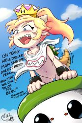  1girl ? blonde_hair blue_eyes blue_sky blush bowsette_jr. cleft_of_venus cloud cloudy_sky collarbone day english_text highres koopa_clown_car leaning_forward loli mario_(series) navel new_super_mario_bros._u_deluxe nintendo open_mouth outdoors poethewondercat pointy_ears pussy sharp_teeth sky spiked_shell spikes super_crown tail teeth uncensored  rating:Explicit score:185 user:Domestic_Importer