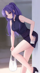  1girl alternate_costume bag black_footwear black_shirt black_skirt blue_archive blush breasts buttons cellphone chien_zero collared_shirt high_heels highres holding holding_phone long_hair looking_at_viewer medium_breasts parted_lips phone plastic_bag ponytail purple_eyes purple_hair shirt skirt sleeveless sleeveless_shirt smartphone solo yuuka_(blue_archive) 