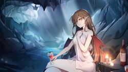  1girl alcohol bare_arms bare_legs bat_wings bottle breasts brown_hair candle cave colored_skin cup drinking_glass highres huge_ears light_rays medium_breasts minerdwen non-web_source pointy_ears sitting smile solo soul_tide sunbeam sunlight thighhighs thighs towel vampire water white_skin wine wine_bottle wine_glass wings yellow_eyes 