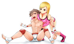  1boy 1girl artist_request commission defeat femdom mixed-sex_combat muscular muscular_child pixiv_commission reverse_ryona sadism simple_background tagme wrestling 