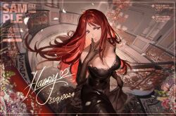  1girl bare_shoulders black_dress black_gloves breasts cleavage commentary dated dress elbow_gloves elden_ring english_commentary english_text facing_viewer gloves hanneli_(hanny) hanny_(uirusu_chan) highres indoors lace lace-trimmed_dress lace-trimmed_gloves lace_trim light_smile long_dress long_hair looking_to_the_side mansion medium_breasts no_bra original red_eyes red_hair sample_watermark signature solo stairs strapless strapless_dress taut_clothes taut_dress very_long_hair watermark 
