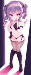  1girl arm_strap backlighting bikini black_bikini black_choker black_footwear black_gloves boots breasts choker eyelashes finger_to_mouth fingerless_gloves fishnet_thighhighs fishnets full_body gloves gradient_hair hand_on_own_hip hand_up index_finger_raised knees_together_feet_apart kojou_gunshi licking_lips light_blush loli long_hair looking_at_viewer multicolored_hair naughty_face navel original pink_eyes pink_hair purple_hair revealing_clothes shadow short_eyebrows sidelocks small_breasts solo standing swimsuit thighhighs tongue tongue_out twintails v-shaped_eyebrows wavy_hair  rating:Sensitive score:24 user:Sir_Cumalot