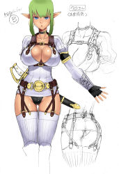  1girl armlet belt blue_eyes breasts character_sheet choker cleavage curvy earrings elf fingerless_gloves garter_straps gloves green_hair hoop_earrings jewelry large_breasts legs no_pants original po-ju pointy_ears saber_(weapon) sheath sheathed sketch solo sword thighhighs thighs translation_request unfinished weapon white_thighhighs  rating:Sensitive score:92 user:danbooru