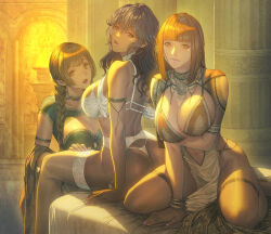  3girls armband ass bra braid braided_ponytail breasts choker fire homare_works kneeling large_breasts lingerie loincloth multiple_girls sitting thong underwear 