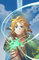  2boys archaic_set_(zelda) arm_tattoo armlet back-to-back blonde_hair blue_eyes blue_sky body_markings bracelet chest_tattoo colored_extremities commentary day dual_persona earrings facing_away floating_hair frown glowing glowing_arm highres jewelry light_brown_hair light_trail link looking_at_viewer male_focus medium_hair multiple_boys multiple_rings nintendo outstretched_arm pointy_ears reaching reaching_towards_viewer ring short_sleeves single_bare_shoulder sky solo_focus straight-on sumooo_(ga_ilil) sword symbol-only_commentary tattoo the_legend_of_zelda the_legend_of_zelda:_breath_of_the_wild upper_body weapon wide_sleeves wind 