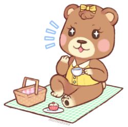  1girl animal_crossing cup holding holding_cup looking_at_viewer maple_(animal_crossing) nintendo picnic picnic_basket sitting surprised teddy_cottell 