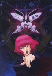  1990s_(style) 1girl asteroid axis_(gundam) bit_(gundam) blue_eyes commentary emblem english_commentary gundam haman_karn highres kitazume_hiroyuki looking_at_viewer mecha mobile_suit neo_zeon pointing pointing_at_viewer promotional_art purple_hair qubeley retro_artstyle robot roundel scan science_fiction shouting space star_(symbol) starry_background traditional_media when_you_see_it zeta_gundam 