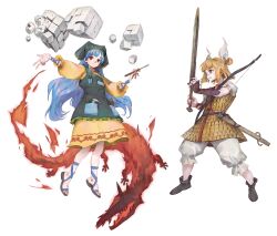  2girls absurdres ankle_strap apron arm_ribbon armor armored_dress black_footwear blonde_hair bloomers blue_hair bow_(weapon) chisel commentary_request cube double_bun dress fighting_stance green_apron green_hood green_scarf hair_bun haniyasushin_keiki head_scarf highres joutouguu_mayumi long_hair long_sleeves momijigari multiple_girls pocket puffy_sleeves red_eyes ribbon sandals scarf short_hair simple_background single_strap sword toes tools touhou underwear vambraces very_long_hair weapon white_background white_bloomers white_ribbon wily_beast_and_weakest_creature wood_carving_tool yellow_armor yellow_dress yellow_sleeves 