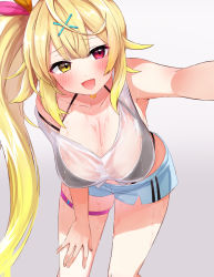 1girl :d bare_arms bare_shoulders bent_over bikini bikini_under_clothes blonde_hair blue_shorts blush bralines breasts cleavage collarbone feet_out_of_frame festa11307070 gradient_background hair_ornament hanging_breasts heterochromia hoshikawa_sara hoshikawa_sara_(1st_costume) large_breasts long_hair looking_at_viewer nijisanji open_mouth outstretched_arm red_eyes see-through selfie shirt short_shorts shorts side_ponytail sidelocks simple_background skindentation sleeveless sleeveless_shirt smile solo standing swimsuit thigh_strap very_long_hair virtual_youtuber wet wet_clothes wet_shirt white_background white_shirt x_hair_ornament yellow_eyes rating:Sensitive score:42 user:danbooru