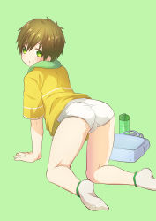  1boy all_fours ass blush briefs brown_hair from_behind green_background green_eyes hair_between_eyes high_speed! looking_at_viewer looking_back male_focus male_underwear memeo_(candy_house) no_pants shirt shota simple_background socks solo t-shirt tachibana_makoto tareme towel towel_around_neck underwear white_briefs white_male_underwear 