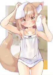1girl animal_ear_fluff animal_ears armpits arms_up blush bow bow_panties breasts brown_eyes brown_hair camisole dog_ears dog_girl dog_tail dot_nose drying drying_hair female_focus gluteal_fold highres loli looking_at_viewer manabe_mana navel nipples original panties see-through short_hair small_breasts solo tail thigh_gap thighs towel towel_on_head underwear underwear_only white_camisole white_panties rating:Questionable score:54 user:danbooru