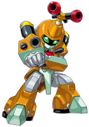  armor cannon dated full_body green_eyes gun hexagon highres joints mecha medarot metabee no_humans no_mouth official_art robot solo standing turret twitter_username weapon yellow_armor  rating:General score:1 user:crisbelmont