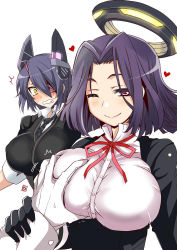 10s 2girls admiral_(kancolle) aoi_manabu blush bow grabbing_another&#039;s_breast breasts dress eyepatch gloves grabbing guided_breast_grab guiding_hand halo heart huge_breasts kantai_collection large_breasts male_hand mechanical_halo multiple_girls necktie one_eye_closed personification purple_eyes purple_hair school_uniform short_hair smile surprised tatsuta_(kancolle) tenryuu_(kancolle) white_background wink yellow_eyes rating:Questionable score:60 user:Stormer