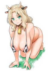 1girl absurdres all_fours animal_ears animal_print aqua_eyes areola_slip barefoot bell blonde_hair breasts cleavage collar cow_ears cow_horns cow_print cowbell girls_und_panzer hanging_breasts highres horns kay_(girls_und_panzer) kuppipi_ramutarou lactation lactation_through_clothes large_areolae large_breasts long_hair looking_at_viewer neck_bell smile solo rating:Questionable score:75 user:danbooru