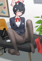 1girl absurdres animal_ears black_eyes black_footwear black_hair black_hat black_pantyhose blue_archive blush bow bowtie breasts bulge chair chuck_(harfmoondark) collared_shirt covered_penis extra_ears flag futanari garrison_cap gloves hair_ornament halo hat high_heels highres indoors large_breasts long_sleeves looking_at_viewer newhalf official_alternate_costume pantyhose parted_lips photo_(object) red_bow red_bowtie red_halo shirt short_hair sitting sitting_on_table solo tsubaki_(blue_archive) tsubaki_(guide)_(blue_archive) unworn_footwear walkie-talkie white_gloves white_shirt 
