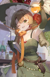 1girl alchemy alcohol_burner arm_up armpits belt_pouch blonde_hair book bow breasts chin_strap cleavage clock dress drill_hair earrings erlenmeyer_flask facing_viewer flask flower gloves green_dress green_eyes green_gloves green_hat grin hat hat_feather hat_flower highres holding holding_book holding_flask jewelry kuronuma_s large_hat long_hair looking_at_viewer looking_up medium_breasts necklace one_eye_closed orange_bow pearl_necklace potion pouch reverse:1999 round-bottom_flask sleeveless sleeveless_dress smile solo sotheby sun_hat tripod_(laboratory) twin_drills upper_body
