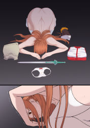  1girl ass asuna_(sao) braid cherrycola unworn_clothes crown_braid defeat dogeza female_focus highres humiliation long_hair multiple_views nude panties simple_background sword_art_online thighhighs trembling underwear white_thighhighs 