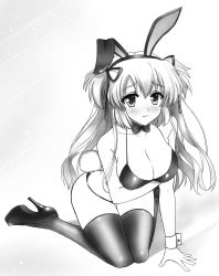 animal_ears blush bow breast_hold breasts cleavage fake_animal_ears greyscale hair_ribbon high_heels highres kneeling large_breasts leotard liseanon liz_hohenstein long_hair monochrome muv-luv muv-luv_alternative platform_footwear platform_heels playboy_bunny playboy_bunny_bikini playboy_bunny_swimsuit rabbit_ears rabbit_tail ribbon schwarzesmarken shiny_clothes simple_background smile solo swimsuit tail thighhighs two_side_up wrist_cuffs
