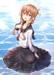 1girl :d ass bad_anatomy bad_ass bad_id bad_nicoseiga_id black_sailor_collar black_skirt blush brown_eyes brown_hair circle_skirt commentary_request folded_ponytail from_side hair_between_eyes highres inazuma_(kancolle) kantai_collection long_hair long_neck long_sleeves neckerchief numpopo open_mouth partially_submerged pleated_skirt red_neckerchief revision sailor_collar school_uniform serafuku skirt smile solo water rating:Sensitive score:6 user:danbooru