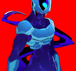  1boy alien artist_name bald closed_mouth collarbone colored_skin dragon_ball dragonball_z highres kokusoji kubrick_stare looking_at_viewer male_focus portrait purple_skin red_background red_eyes solo tail toned toned_male upper_body 