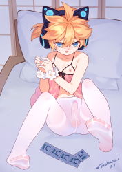 1boy artist_name bad_id bad_pixiv_id bdsm blonde_hair blue_eyes blush bondage bound bound_wrists bulge chemise commentary_request condom condom_packet_strip condom_wrapper crossdressing erection erection_under_clothes eyes_visible_through_hair hair_between_eyes headphones highres kagamine_len male_focus naughty_face nipples nose_blush open_mouth pantyhose penis penis_in_pantyhose pillow see-through see-through_legwear short_hair shota sitting soles solo spread_toes testicles toes trap tsubasa_tsubasa vocaloid white_pantyhose rating:Explicit score:261 user:danbooru