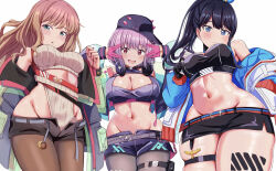  3girls bare_shoulders belly belt black_gloves black_hair black_skirt blue_eyes blue_jacket blush breasts brown_hair chain cleavage cleavage_cutout closed_mouth clothing_cutout cowboy_shot crop_top cropped_jacket gloves green_eyes gridman_universe gridman_universe_(film) groin hair_between_eyes hair_ribbon half_gloves halterneck hands_in_pockets hat headphones headphones_around_neck highres instance_domination jacket large_breasts leg_tattoo long_hair long_sleeves looking_at_viewer lowleg lowleg_shorts medium_breasts microskirt midriff minami_yume multicolored_clothes multicolored_jacket multiple_girls navel nootomo off_shoulder official_alternate_costume official_alternate_hairstyle open_clothes open_jacket open_mouth pantyhose pink_gloves pocket ponytail pouch purple_belt purple_hair purple_hat purple_jacket purple_shirt purple_shorts red_eyes ribbon salute shinjou_akane shiny_skin shirt shoes short_hair short_shorts shorts sidelocks simple_background skindentation skirt sleeveless sleeveless_shirt smile sneakers socks ssss.dynazenon ssss.gridman standing stomach takarada_rikka tattoo thick_thighs thigh_pouch thigh_strap thighhighs thighs white_background white_footwear white_jacket wide_hips 
