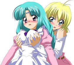 1990s_(style) 2girls blush grabbing_another&#039;s_breast breasts canal_vorfeed grabbing large_breasts lost_universe millennium_feria_nocturne multiple_girls sugimura_tomokazu waitress yuri rating:Questionable score:11 user:danbooru