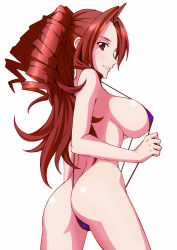  1girl ass breasts brown_eyes brown_hair butt_crack cameltoe drill_hair heroman large_breasts lipstick long_hair looking_back makeup sideboob slingshot_swimsuit smile solo strap_gap swimsuit takamura_wamu thighs vera_collins white_background  rating:Questionable score:96 user:danbooru