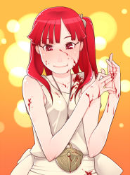  1girl blood breasts closed_mouth dress eyebrows_hidden_by_hair g-room_honten graphite_(medium) long_hair looking_at_viewer magi_the_labyrinth_of_magic medium_breasts morgiana one_side_up red_eyes red_hair smile solo traditional_media  rating:Sensitive score:4 user:danbooru