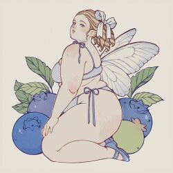  1girl blonde_hair blue_bow blue_bra blue_eyes blue_footwear blue_panties blueberry blush bow bra breasts commentary drill_hair fat food from_side fruit full_body hair_bow hand_on_own_thigh highres insect_wings karlovycross kneeling large_breasts leaf looking_at_viewer looking_to_the_side mole mole_on_arm mole_on_back original panties parted_lips pointy_ears shoes side-tie_panties solo stretch_marks symbol-only_commentary thick_arms thick_thighs thighs underwear underwear_only white_bow wings 