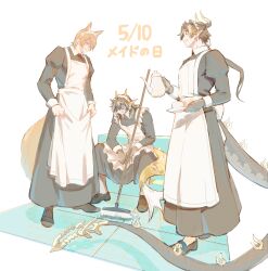  3boys absurdres animal_ears apron arknights black_dress black_footwear black_hair blonde_hair brown_eyes brown_hair chong_yue_(arknights) closed_eyes closed_mouth commentary_request crossdressing cup dated dragon_boy dragon_horns dragon_tail dress earrings facing_another fins fish_tail full_body furry furry_male glasses grin highres holding holding_cup holding_teapot horns horse_boy horse_ears horse_tail jewelry juliet_sleeves lee_(arknights) long_hair long_sleeves long_tail looking_at_viewer low_ponytail maid maid_apron maid_headdress male_focus mary_janes mlynar_(arknights) mop multicolored_hair multiple_boys okonon_(kado_colda) pointy_ears puffy_sleeves round_eyewear shaded_face shoes short_hair simple_background sitting smile standing streaked_hair tail teacup teapot translation_request white_background yellow_eyes 
