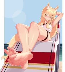  1girl absurdres animal_ear_fluff animal_ears arknights arm_up armpits artist_name barefoot beach beach_chair blonde_hair blue_sky breasts brown_eyes character_request closed_mouth collarbone copyright_request crossed_ankles day feet foot_focus foreshortening full_body hair_between_eyes highres large_breasts legs long_hair looking_at_viewer nearl_(arknights) nearl_(shimmering_dew)_(arknights) ocean outdoors shadow sidelocks sky smug soles solo staerk tail thigh_strap thighs toes twitter_username  rating:Sensitive score:38 user:danbooru