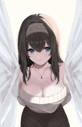  1girl absurdres black_hair black_skirt blue_eyes blush breasts cleavage collarbone commentary_request grey_hairband hairband highres holding_curtain idolmaster idolmaster_cinderella_girls jewelry large_breasts light_smile long_hair looking_at_viewer necklace off-shoulder_sweater off_shoulder ribbed_sweater sagisawa_fumika skirt solo sweater sweater_tucked_in tada_mani 