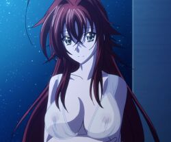  1girl angry bikini black_eyes blush breasts cool_&amp;_sexy_(idolmaster) crossed_arms domination hyouju_issei large_breasts night night_sky nipples no_bra no_panties non-web_source nose_blush red_hair rias_gremory see-through shirt sky solo swimsuit tall white_shirt 