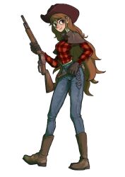  1girl ammunition_belt boots brown_eyes brown_hair cow_girl cow_girl_(fishandfishoc) cowboy denim fishandfishoc flannel gloves gun highres jeans long_hair looking_to_the_side original pants pouch rifle rifleman1130 smile solo weapon western white_background 