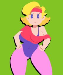  1girl :&gt; aerobics alternate_breast_size alternate_costume bare_shoulders blonde_hair breasts covered_navel curvy green_background gym_uniform hands_on_own_hips headband highleg highleg_leotard large_breasts leotard leotard_under_clothes minuspal mother_(game) mother_2 ness&#039;s_mom nintendo plump purple_leotard red_shirt shirt simple_background skin_tight smile solo standing taut_clothes thick_thighs thighs twitter_username wide_hips  rating:General score:59 user:fakyuh