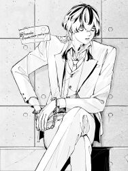  1boy bored collared_shirt crossed_legs cuffs ear_piercing formal greyscale haitani_rindou handcuffs hands_up highres jacket looking_to_the_side male_focus medium_hair monochrome multicolored_hair neck_tattoo necktie open_clothes open_jacket pants parted_lips piercing rakressy shirt sitting solo streaked_hair suit tattoo teeth tokyo_revengers twitter_username upper_teeth_only vest wolf_cut 