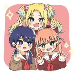  3girls :d aqua_eyes blonde_hair blue_eyes blue_hair blue_ribbon blush bright_pupils brown_cardigan brown_dress cardigan commentary crossed_bangs dark_blue_hair double_w dress fang flower gradient_hair hair_flower hair_ornament hair_ribbon hand_up hands_up hasu_no_sora_school_uniform hinoshita_kaho light_blue_hair link!_like!_love_live! long_hair long_sleeves looking_at_viewer love_live! low_twintails mao_(maooo_049) medium_hair multicolored_hair multiple_girls murano_sayaka neckerchief open_cardigan open_clothes open_hands open_mouth orange_hair osawa_rurino parted_bangs pink_flower rabbit_hair_ornament red_neckerchief ribbon sailor_collar sailor_dress school_uniform skin_fang smile sparkle teeth twintails two_side_up upper_teeth_only virtual_youtuber w white_flower white_pupils white_sailor_collar winter_uniform 