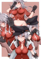  1girl bell_shireikan black_gloves border breasts brown_background collared_shirt facial_scar gangut_(kancolle) gloves grey_hair hair_between_eyes hat highres implied_sex kantai_collection large_breasts long_hair long_sleeves multiple_views peaked_cap red_eyes red_shirt scar scar_on_cheek scar_on_face shirt simple_background white_border 