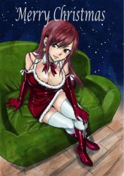 1girl boots bow breasts brown_eyes christmas cleavage couch earrings elbow_gloves erza_scarlet fairy_tail full_body gloves hand_on_own_knee jewelry knee_boots large_breasts long_hair mashima_hiro merry_christmas official_art red_gloves red_hair santa_costume sitting solo star_(symbol) thighhighs white_thighhighs zettai_ryouiki rating:Sensitive score:58 user:danbooru
