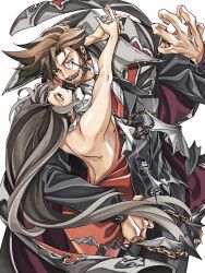  1boy 1girl back bat_(animal) bat_wings beard black_hair breasts brown_hair chain collared_shirt couple cross dong_hole dress facial_hair formal guilty_gear guilty_gear_strive highres hug husband_and_wife long_hair looking_at_another monocle mustache necktie open_mouth red_dress red_eyes red_necktie sharon_(guilty_gear) shirt sideboob slayer_(guilty_gear) suit vampire white_shirt wings 