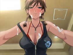 00s 1girl assertive_female braid breasts brown_hair cream happoubi_jin indoors kuouzumi_mika looking_at_viewer resort_boin seductive_smile smile solo twin_braids  rating:Questionable score:129 user:GravitySpark