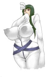  1girl arrancar bleach blunt_bangs breasts covered_erect_nipples covering_own_mouth cyan_sung-sun expressionless facial_mark green_hair highres huge_breasts lactation lactation_through_clothes long_hair perky_breasts puffy_nipples purple_eyes skin_tight sleeves_past_wrists solo tatsumi-chan wide_hips 