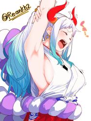  1girl aqua_hair arm_behind_head armpits arms_up breasts closed_eyes curled_horns earrings fingernails furrowed_brow gradient_hair hair_ornament hair_stick hakama hand_on_own_arm high_ponytail highres horns japanese_clothes jewelry kimono large_breasts multicolored_hair multicolored_horns one_piece oni open_mouth orange_horns re:ankh_(mrsz4523) red_horns rope shimenawa sideboob sleepy sleeveless sleeveless_kimono solo stretching tearing_up three_quarter_view twitter_username upper_body white_hair yamato_(one_piece) yawning 